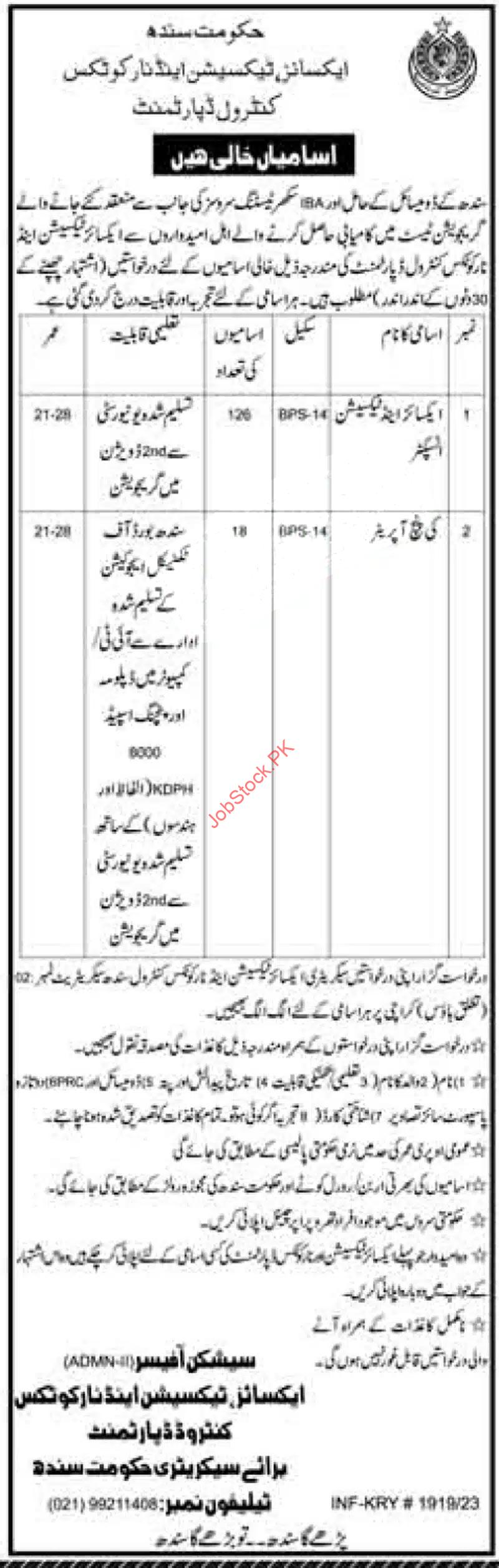 Excise Department Sindh Jobs Ad 2023