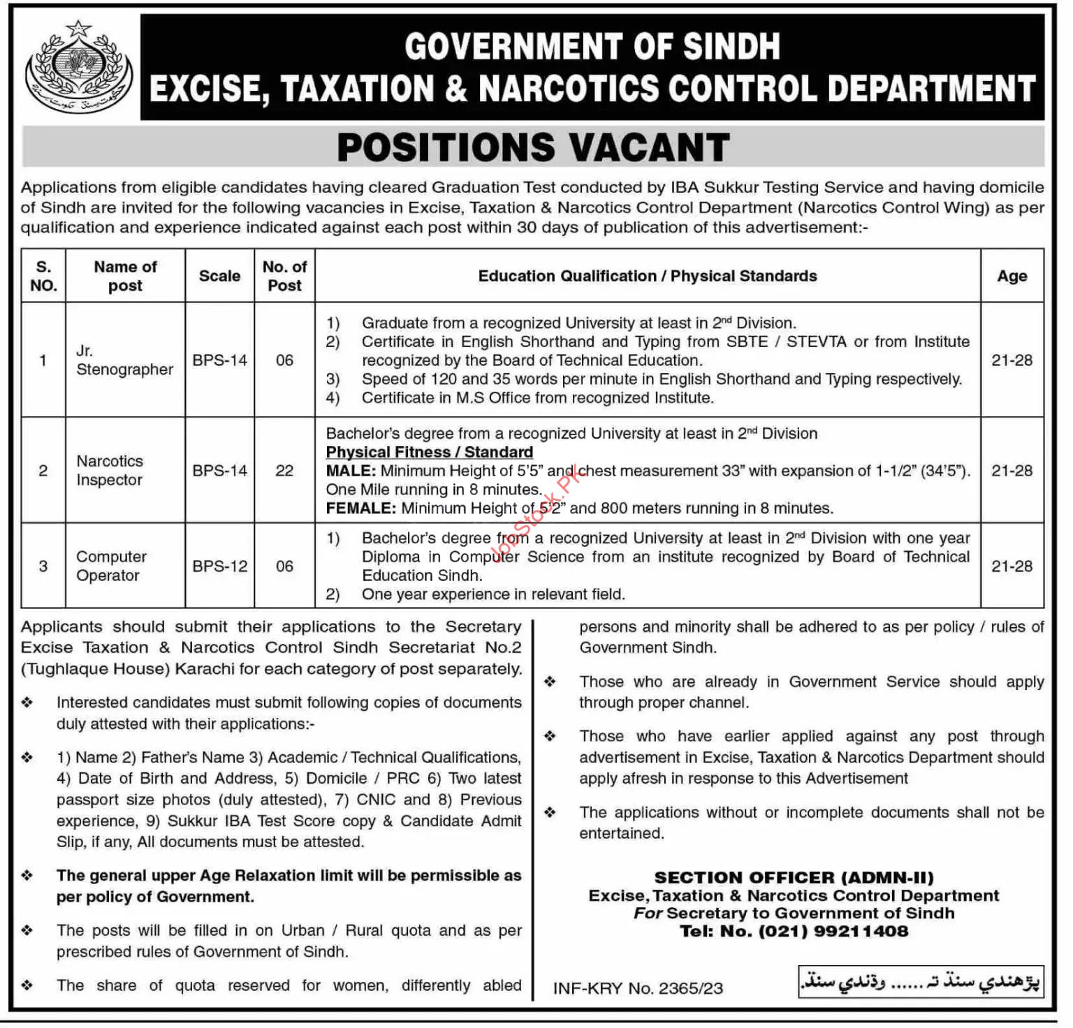 Excise Taxation And Narcotics Control Department Sindh Jobs Ad 2023