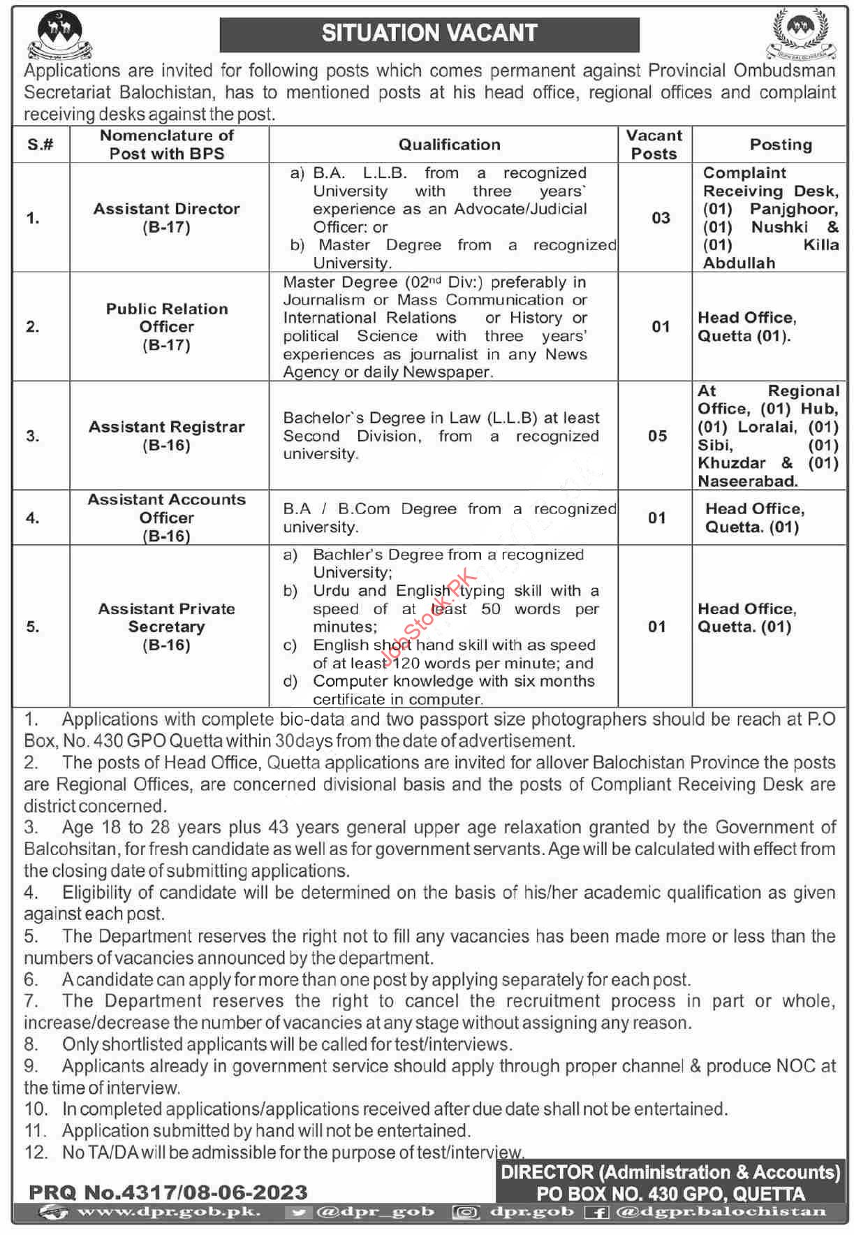 Provincial Ombudsman Balochistan Job Ad 2023