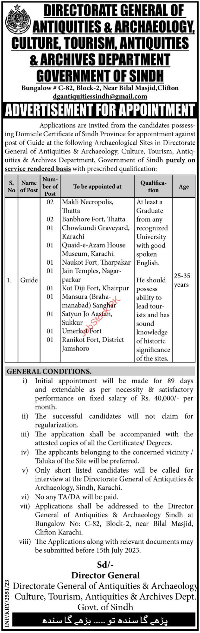 Culture Tourism & Antiquities Department Sindh Jobs 2023