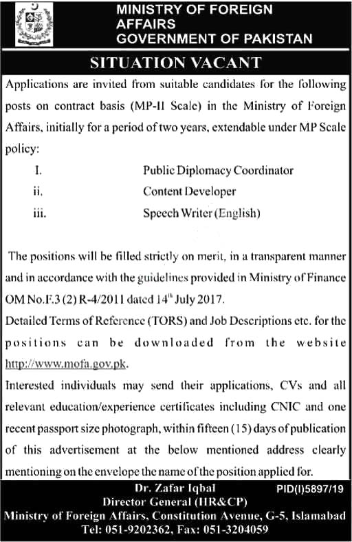 Ministry Of Foreign Affairs Mofa Islamabad Jobs 2020 Latest
