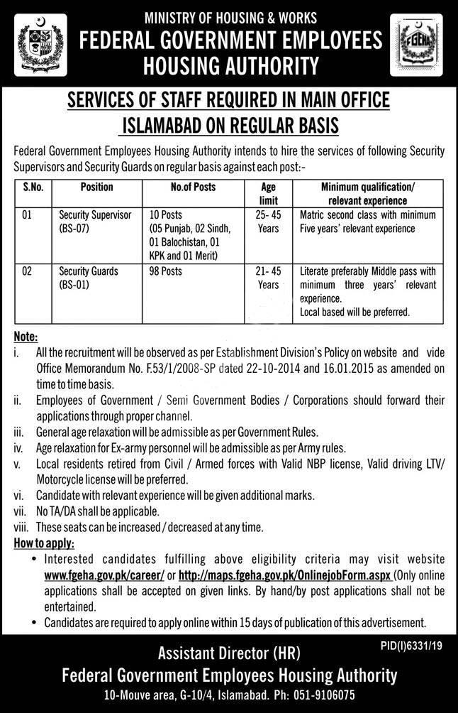 Federal Government Employees Housing Authority Islamabad Jobs 2020 Latest