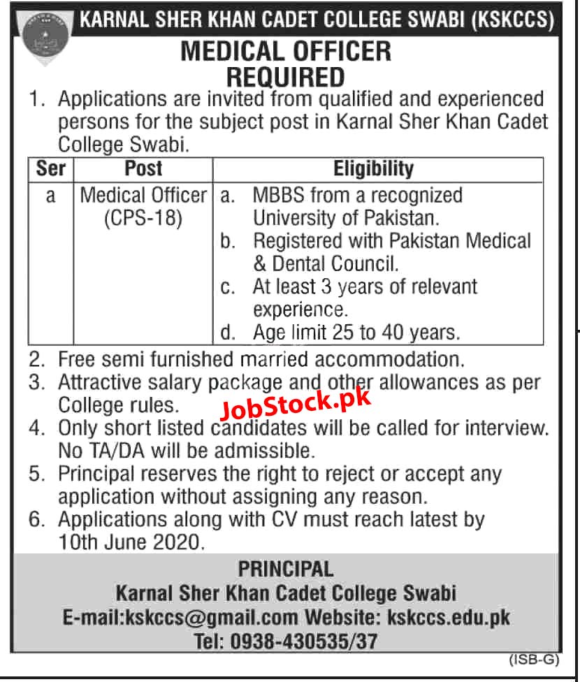 Jobs In Karnal Sher Khan Cadet College Swabi 2020 Latest