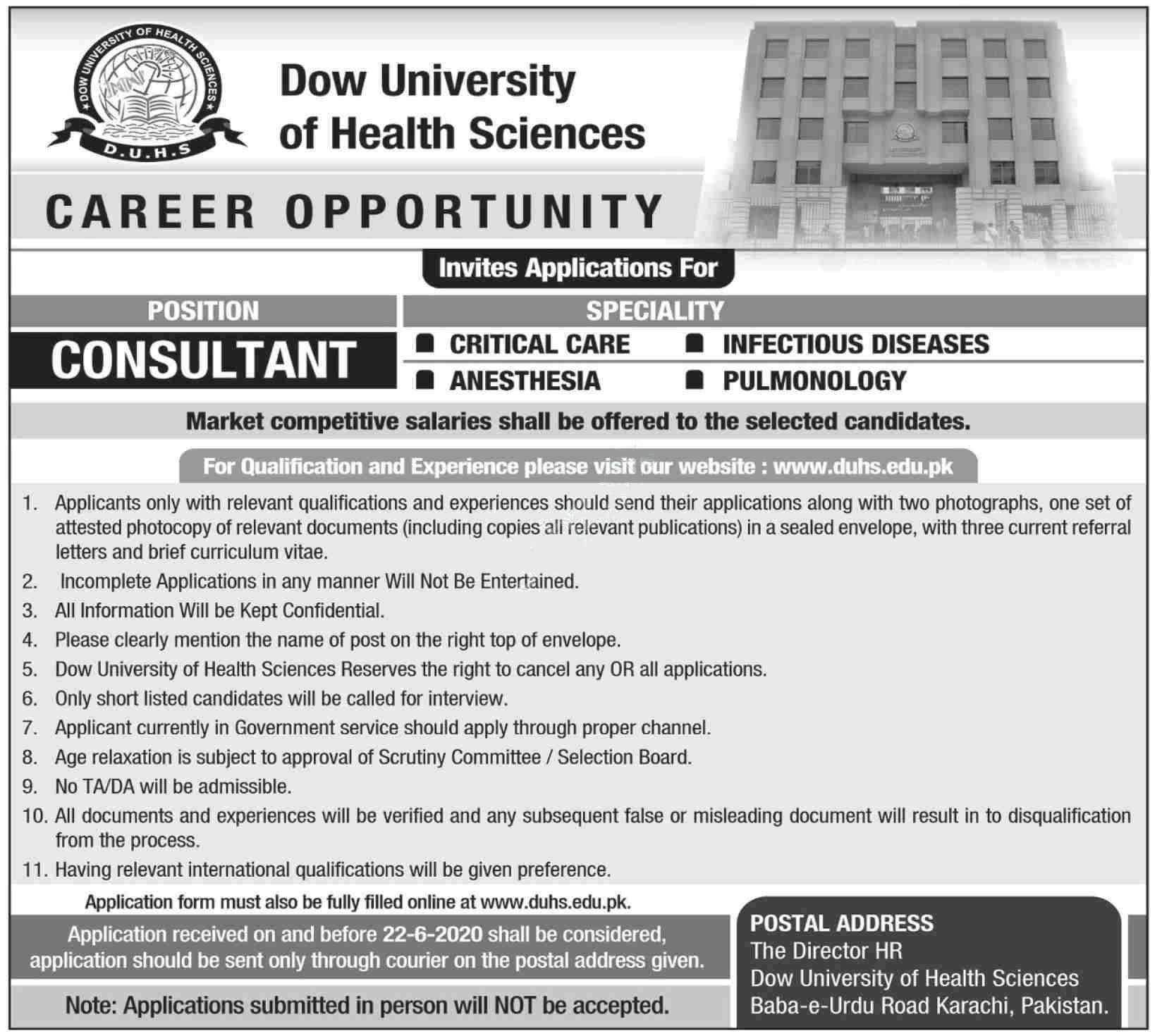 Dow University Of Health Sciences Duhs Karachi Jobs 2020 Latest
