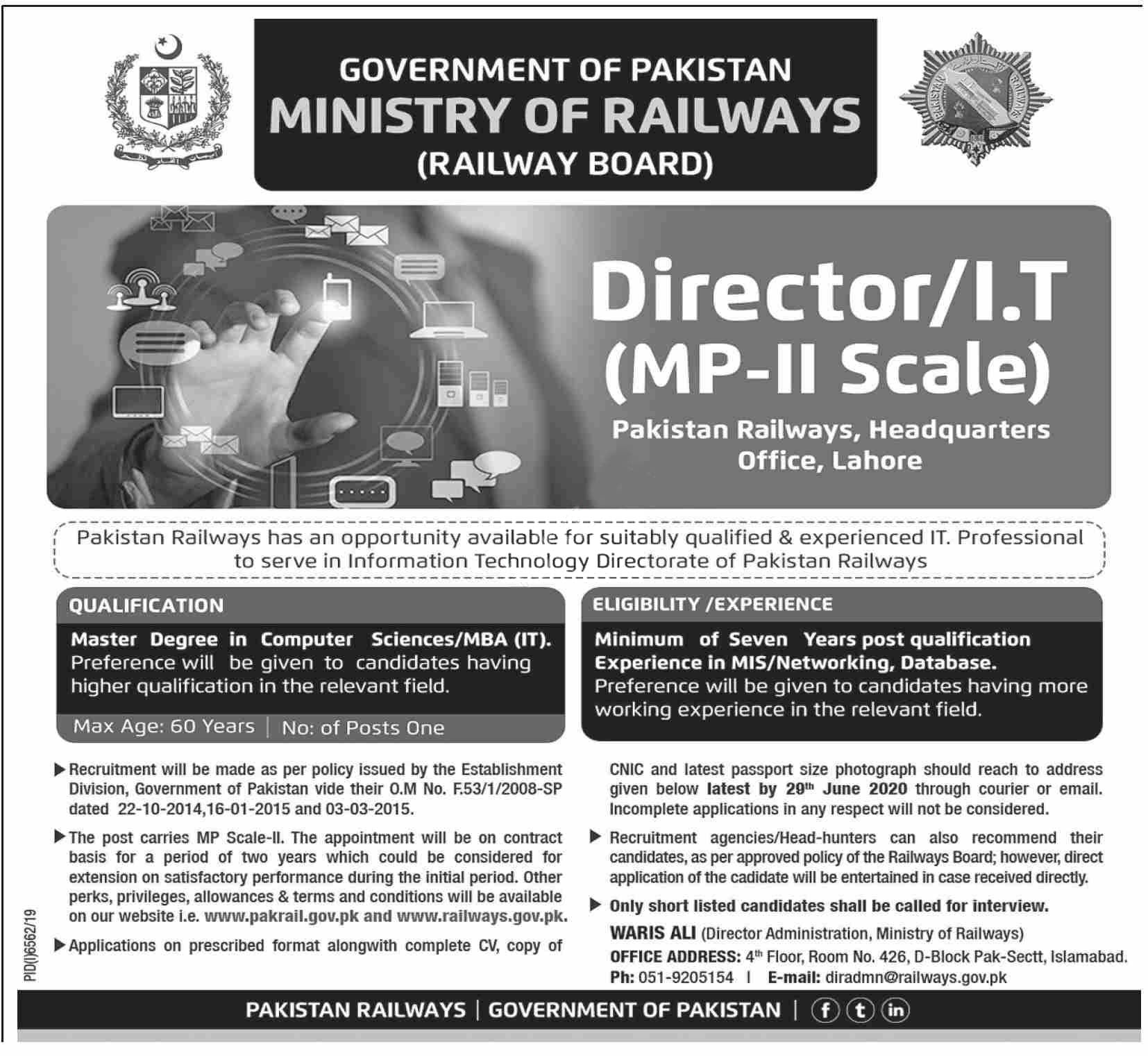 Ministry Of Railways Islamabad Jobs 2020 Director I.t Latest