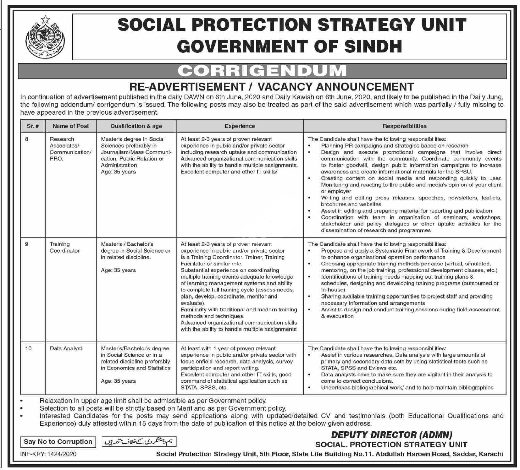 Social Protection Strategy Unit Spsu Sindh Jobs 2020 Latest Corrigendum