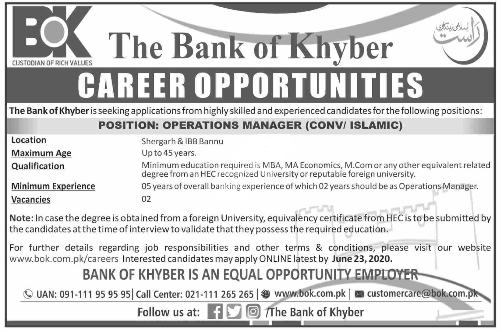 The Bank Of Khyber Bok Jobs 2020 Latest Operations Manager
