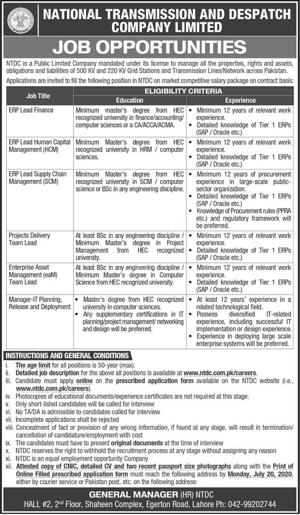 Ntdc Jobs 2020 Apply Online National Transmission And Despatch Company Limited Latest