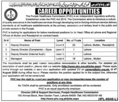 Punjab Healthcare Commission Phc Lahore Jobs 2020