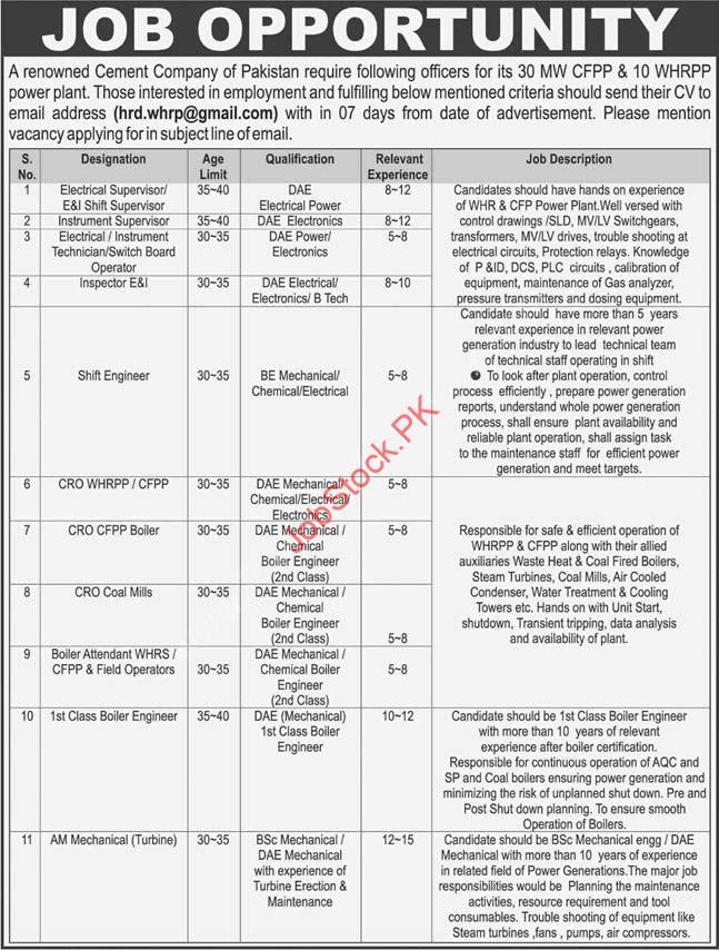 Cement Company Pakistan Jobs 2020 Latest - Electrical / Instrument