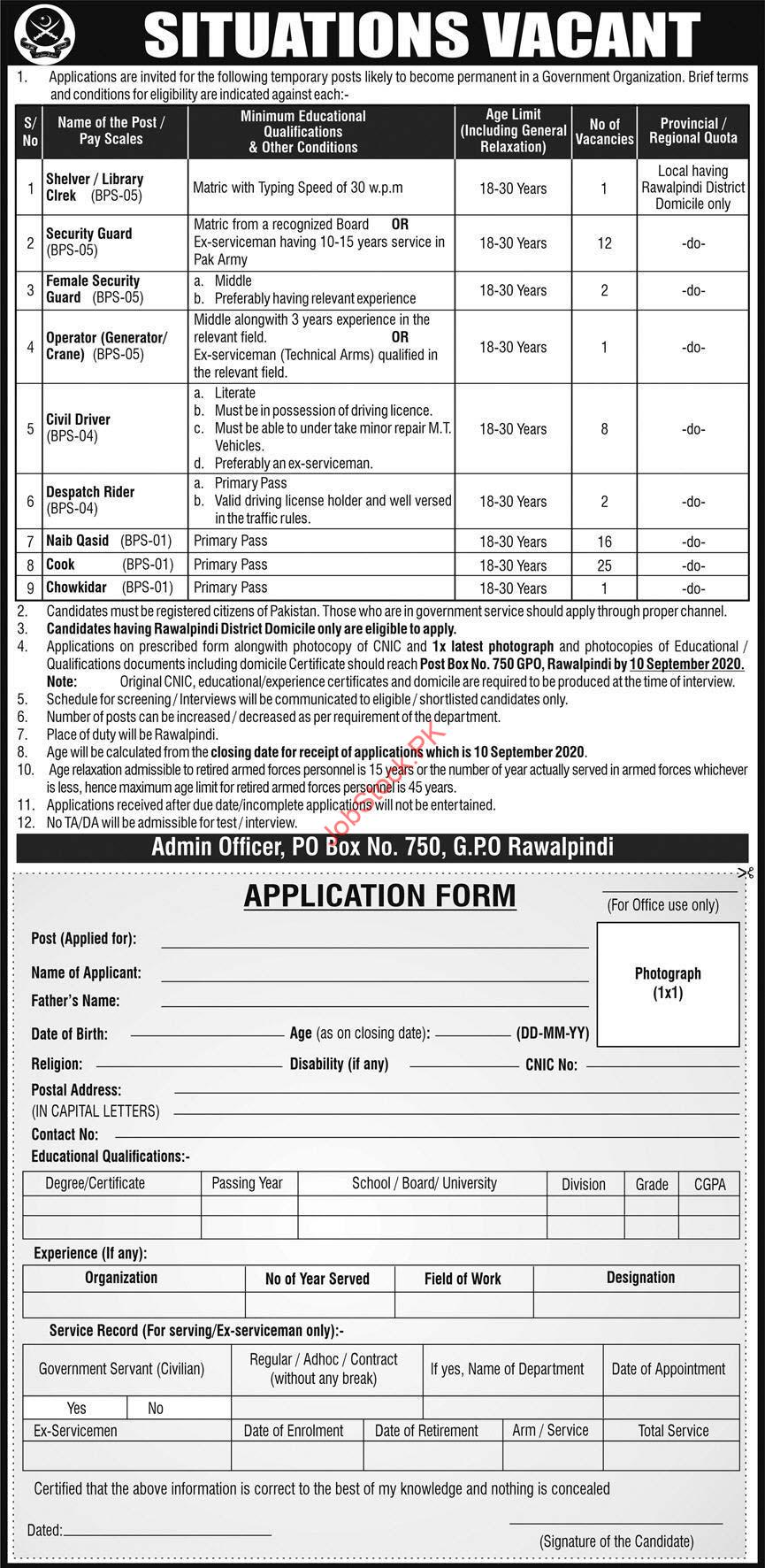 Po Box No.750 Gpo Rawalpindi Pakistan Army Jobs 2020 Latest