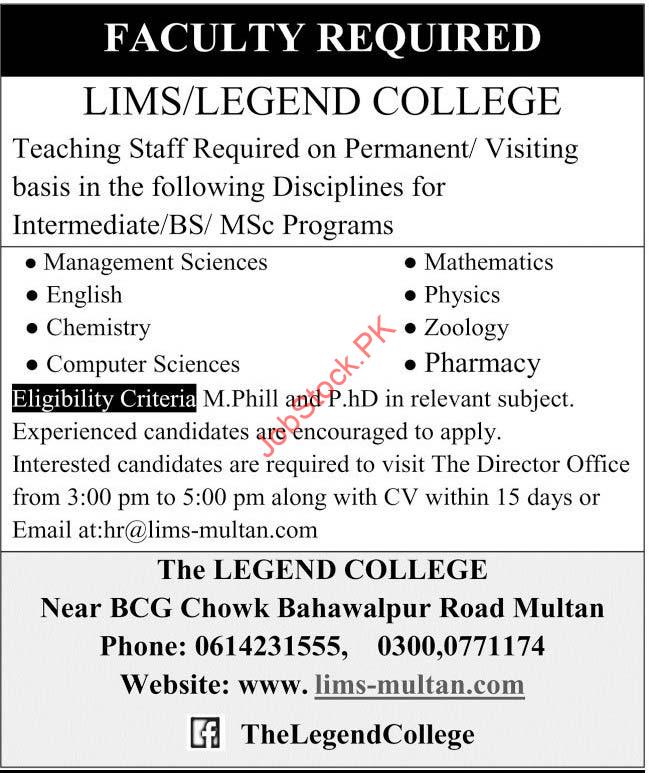 The Legend College Multan Jobs 2020