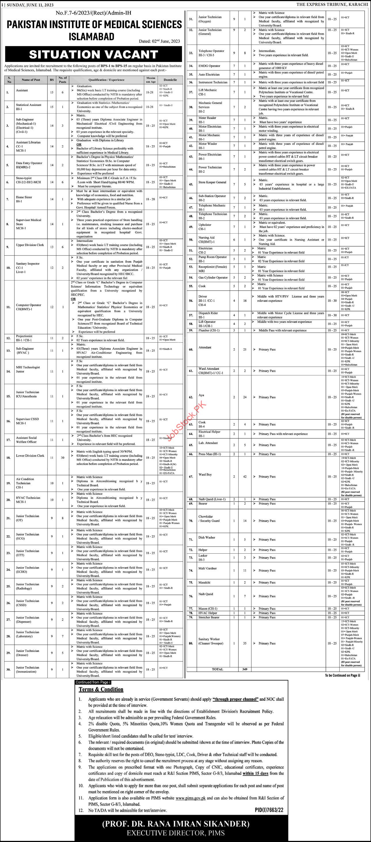 Pims Islamabad Jobs Ad 2023