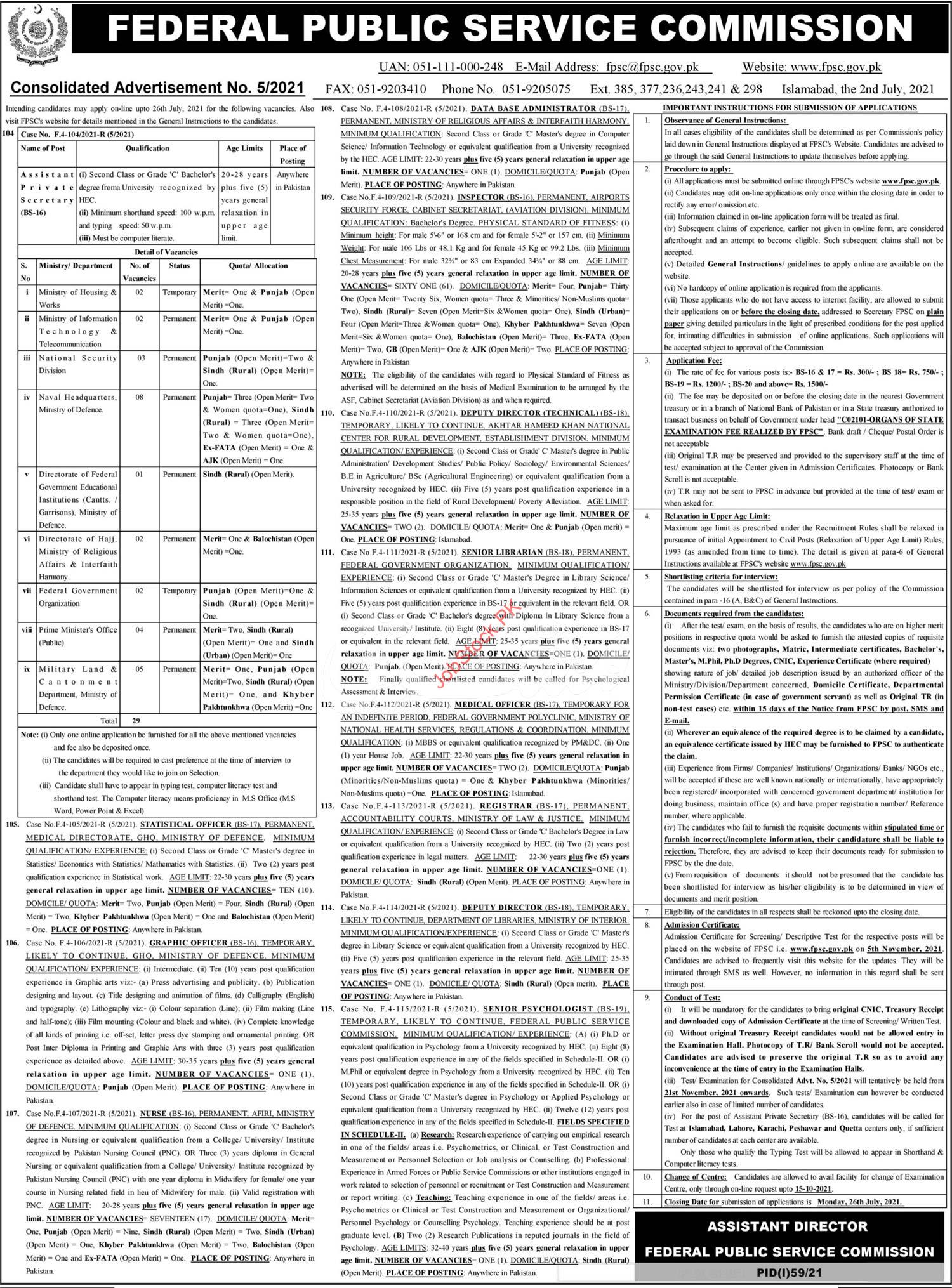 Assistant Private Secretary Jobs in FPSC Department 2021 July ...