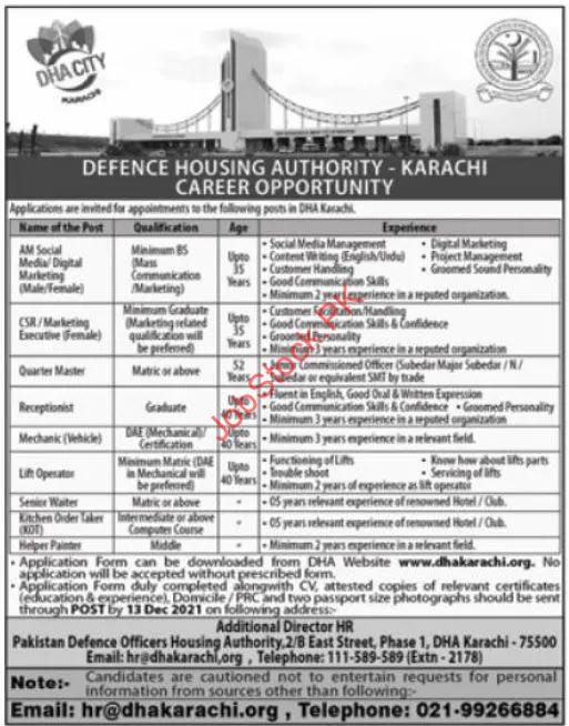 Defence Housing Authority DHA Karachi Jobs 2021 Advertisement No 01
