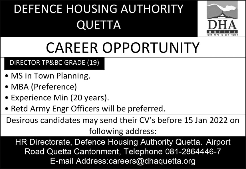 Defence Housing Authority DHA Quetta Jobs 2022