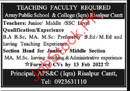 Army Public School & College Teaching Risalpur Jobs 2022