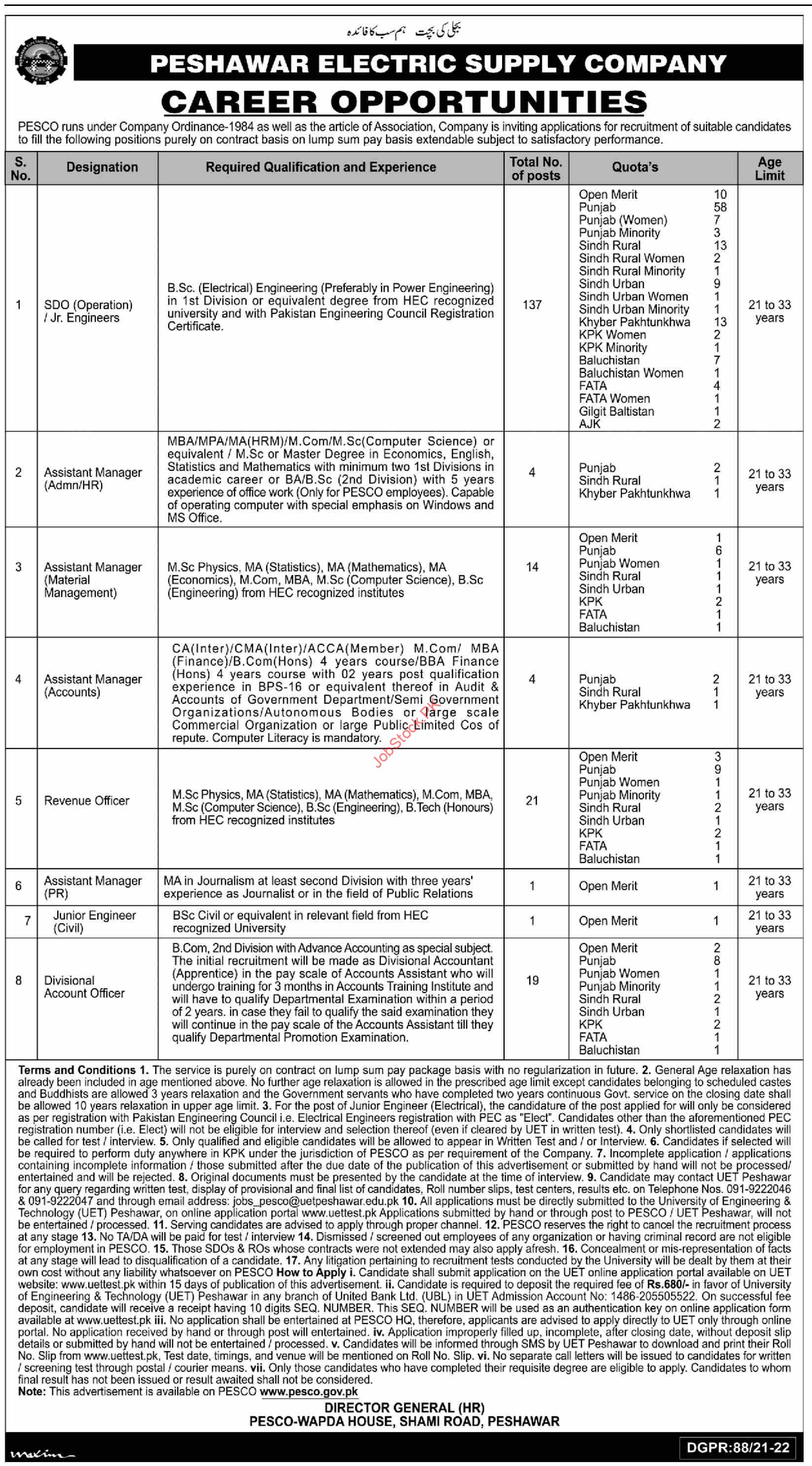 PESCO Jobs 2022 Advertisement for Officers