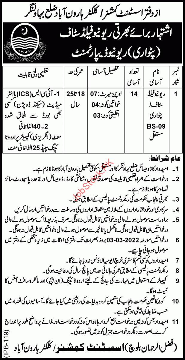Patwari In Bahawalnagar Revenue Department Jobs 2022 Application Form