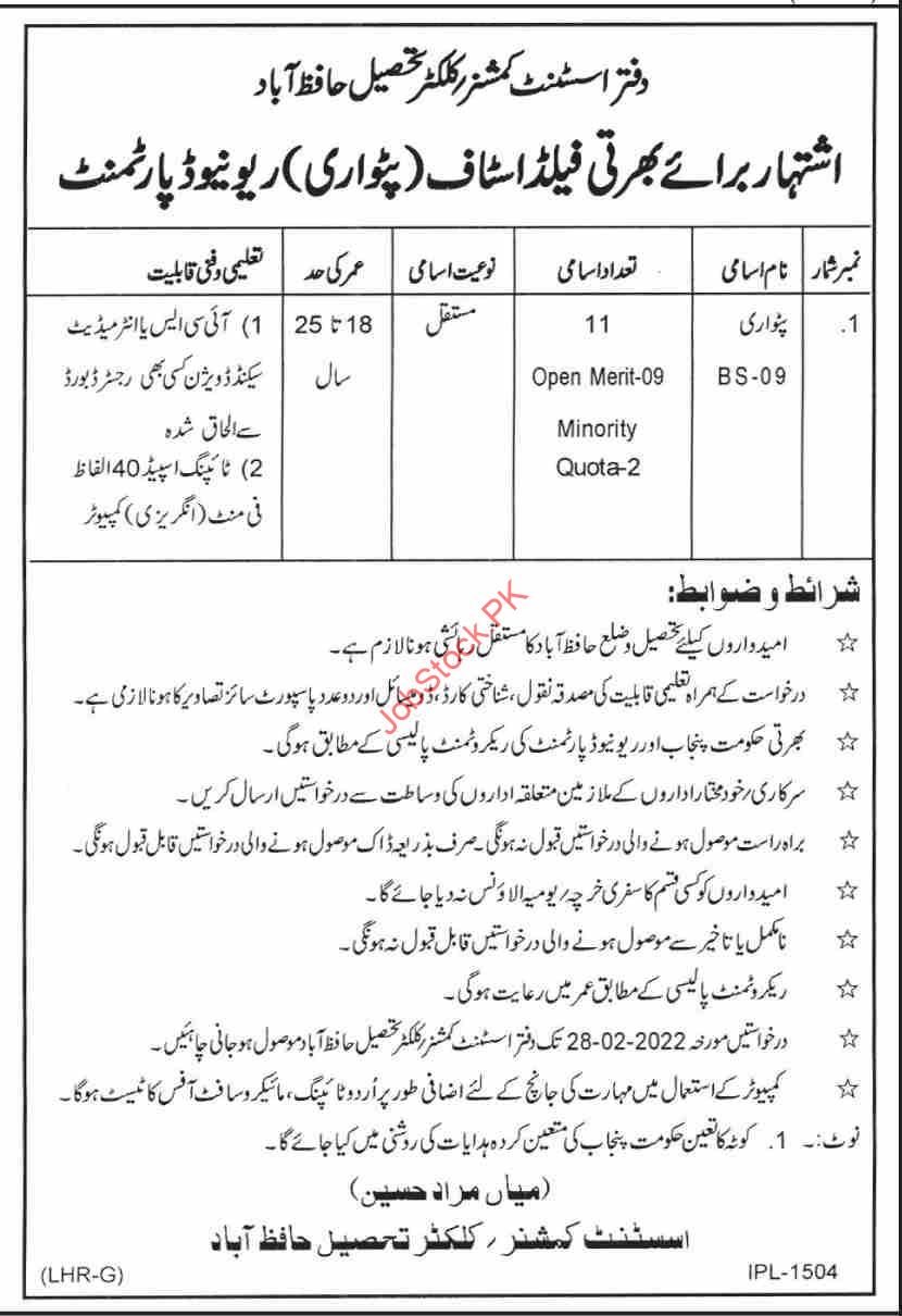 Patwari In Hafizabad Revenue Department Jobs 2022 Application Form