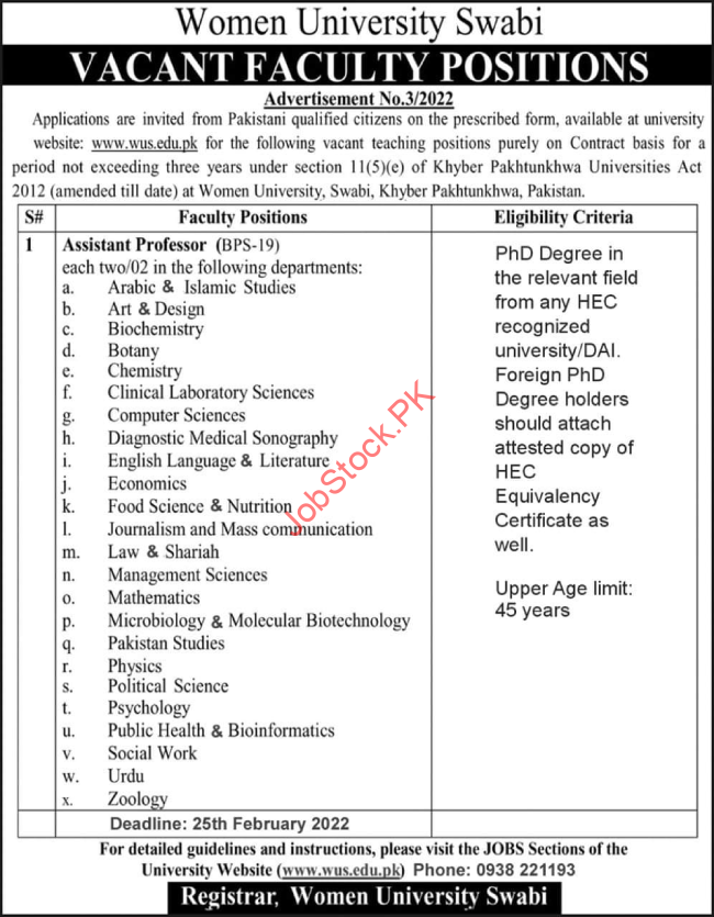 www.wus.edu.pk Jobs February 2022 Advertisement