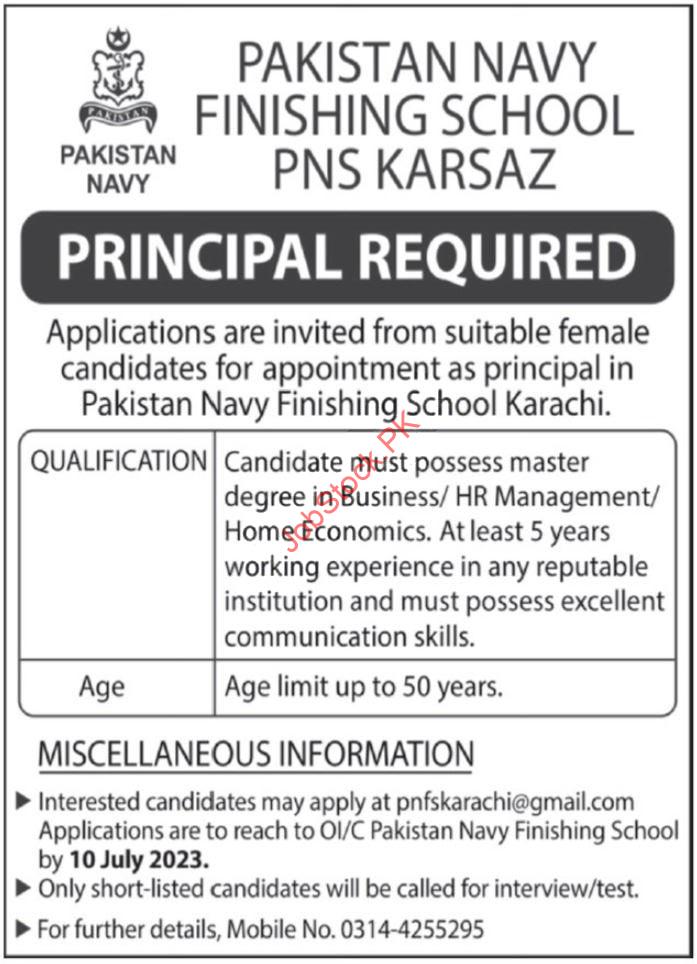 Pakistan Navy Finishing School Job Ad 2023