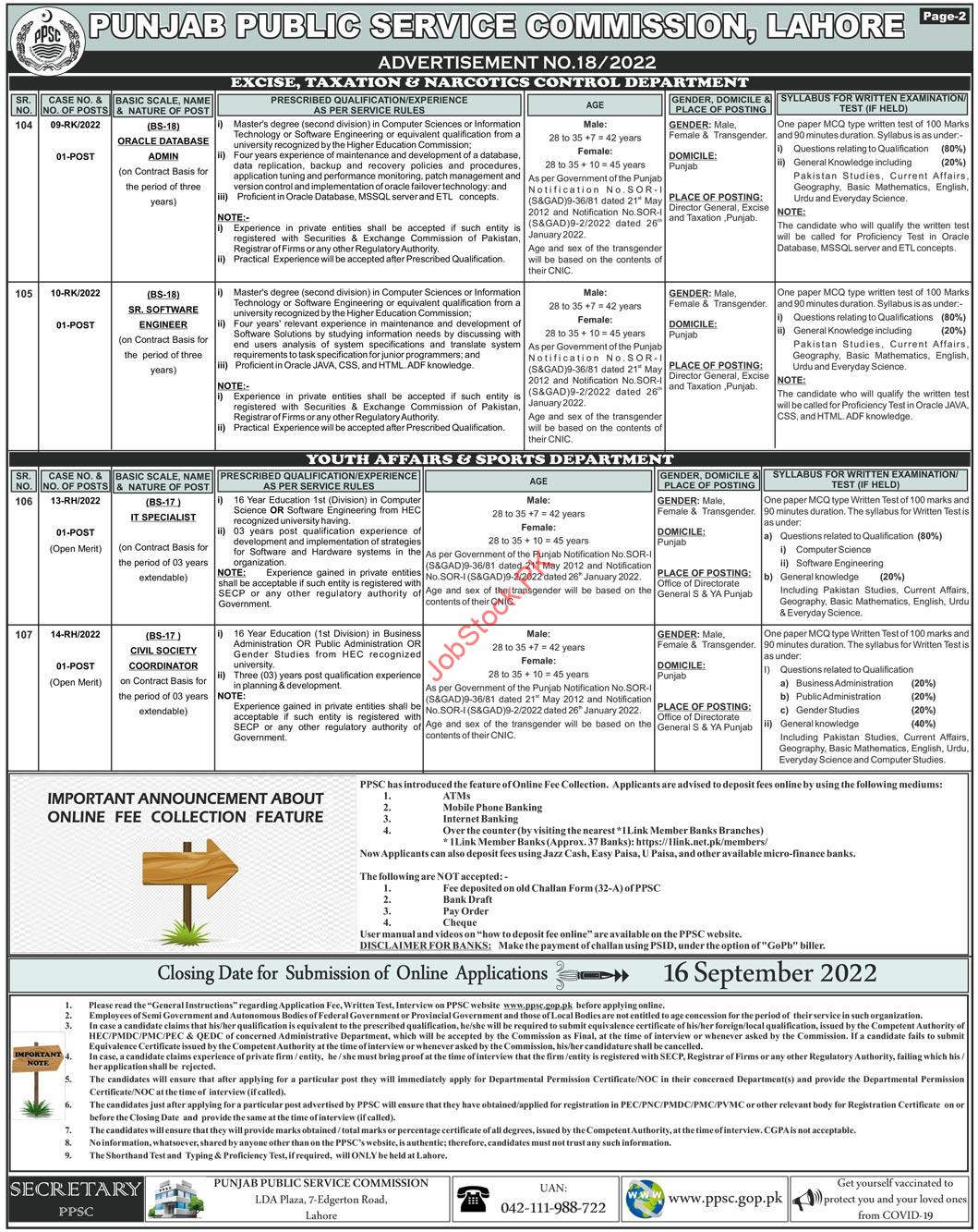 PPSC Job Advertisement No. 18/2022 – Punjab Public Service Commission