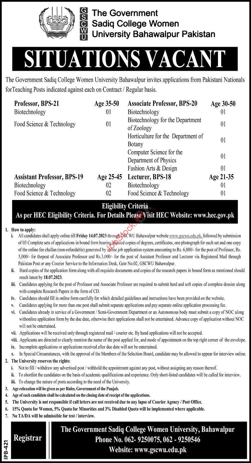 Govt Sadiq College Women University Job Ad 2023