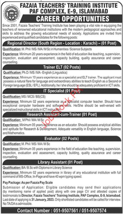 Fazaia Teachers Training Institute Paf Islamabad Jobs 2023