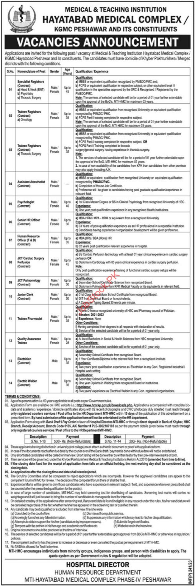 Hyatabad Medical Complex Peshawar Hmc Mti Jobs 2023