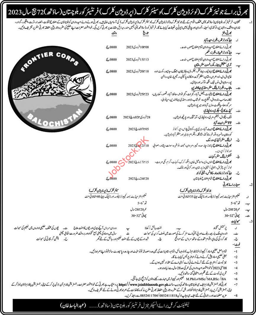 Junior Clerk Fc Balochistan Jobs 2023