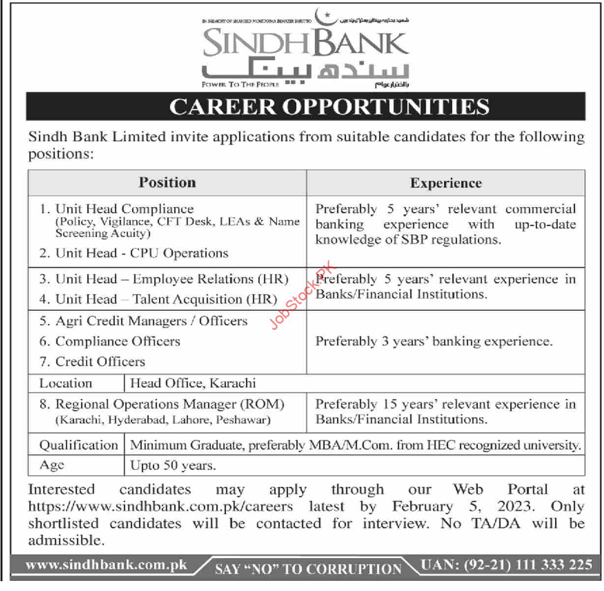 Sindh Bank Ltd Karachi Jobs 2023