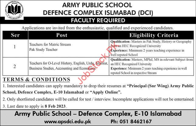 Aps Army School Defence Islamabad Jobs 2023