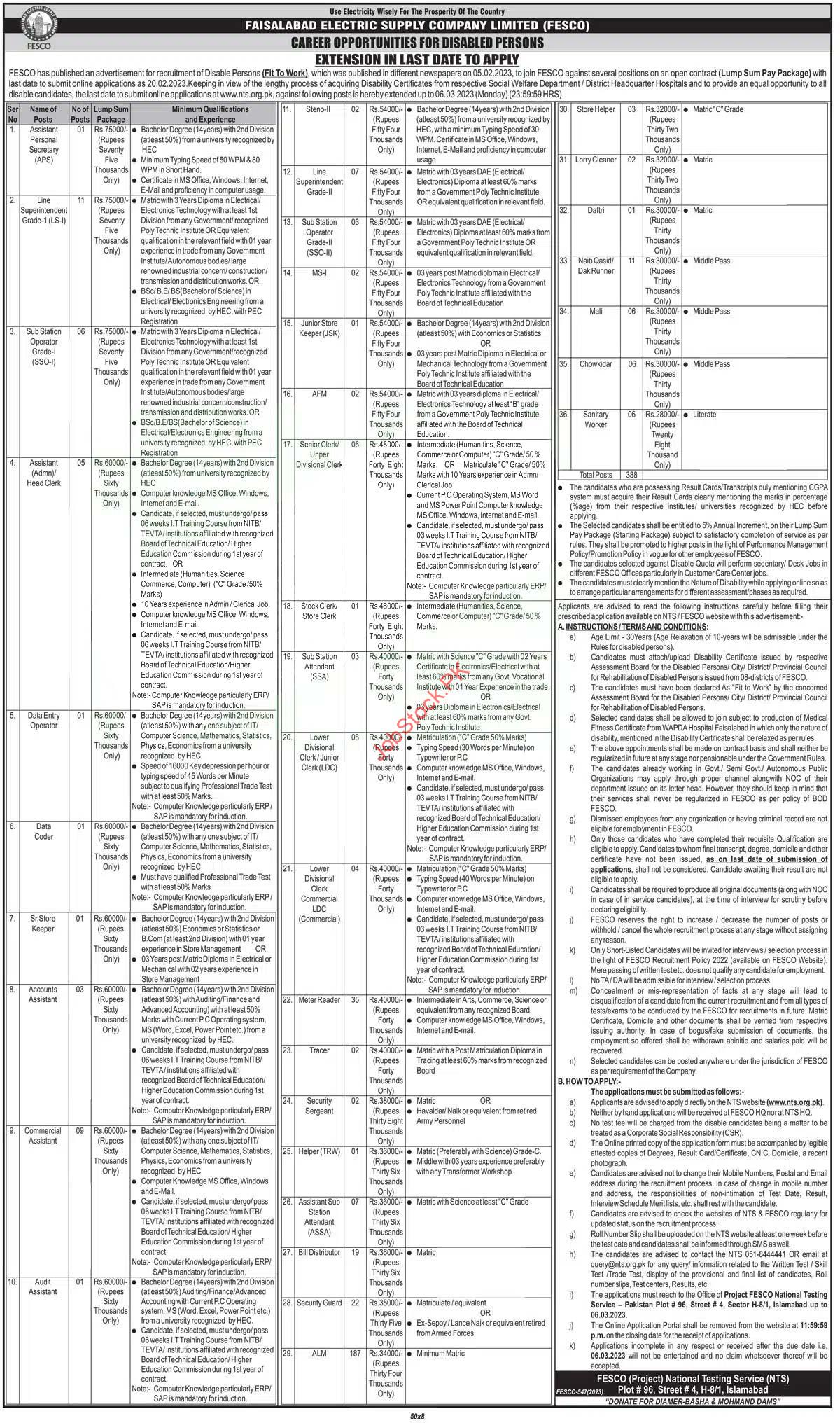 Fesco Nts Jobs 2023 Faisalabad Disabled Quota Online Apply Extension