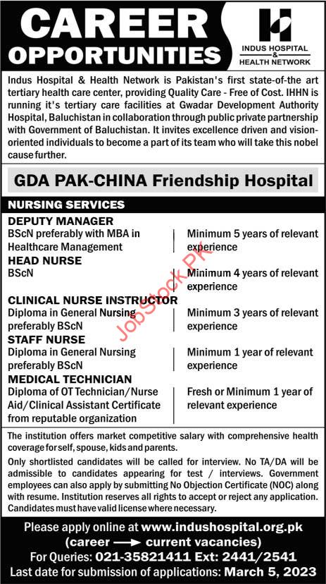 Indus Hospital Gwadar Gda Pak China Friendship Jobs 2023