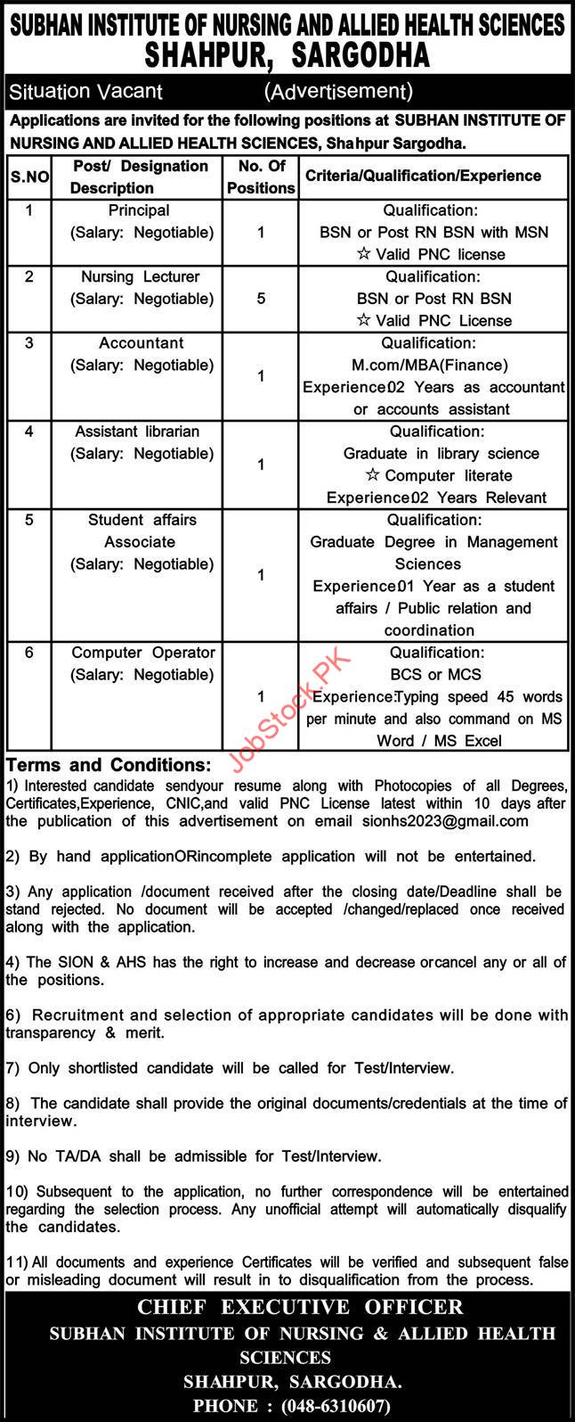 Subhan Institute Of Nursing And Allied Health Jobs 2023
