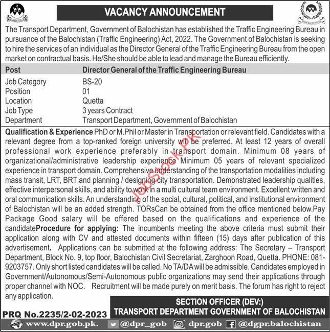 Transport Department Balochistan Jobs 2023