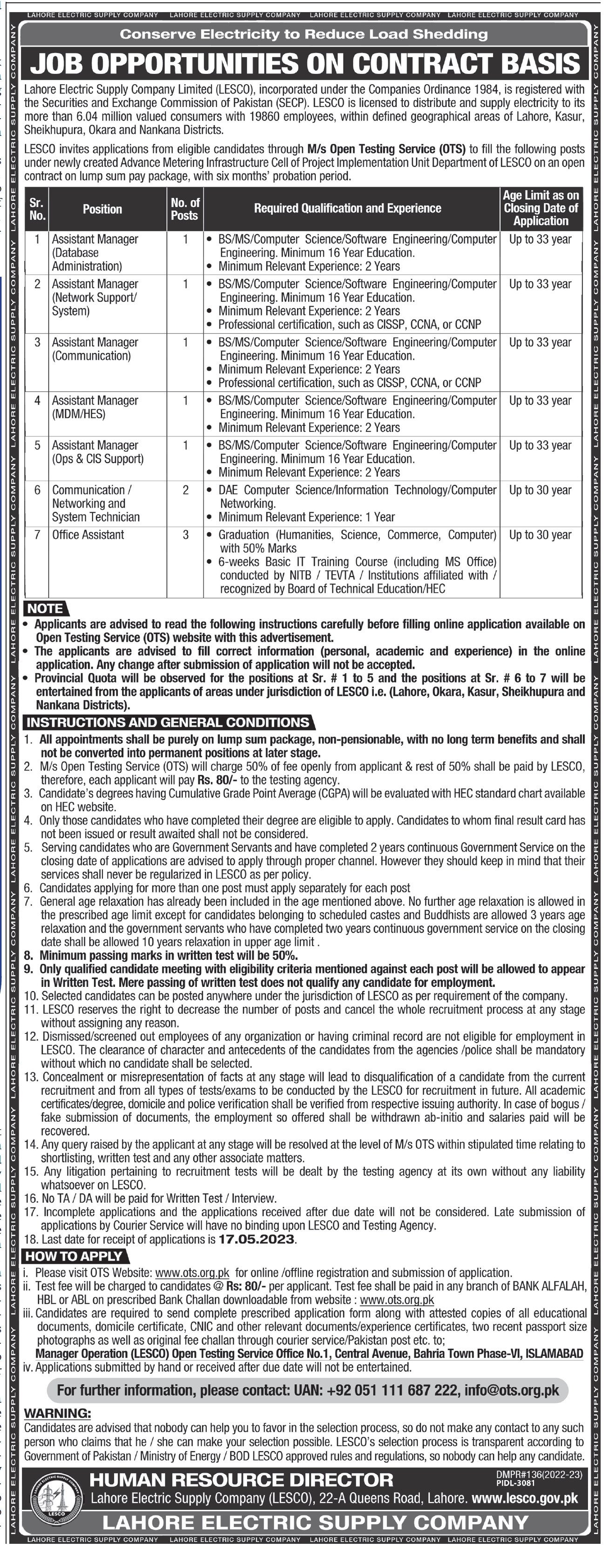 Lahore Electric Supply Company Lesco Ots Jobs 2023