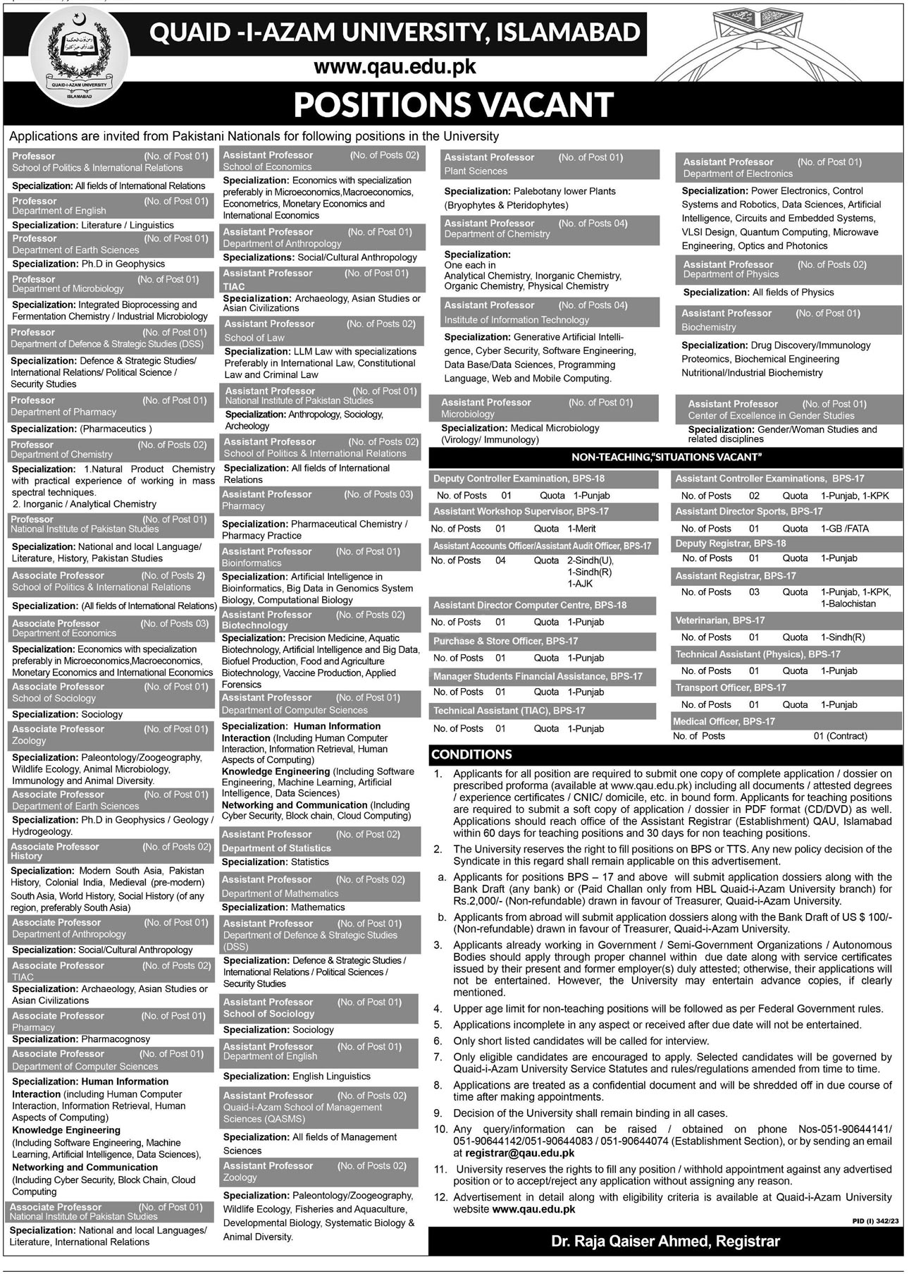 Quaid E Azam University Islamabad Jobs Ad 2023