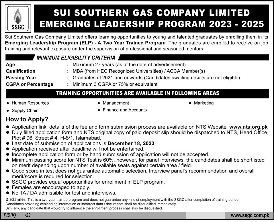 Sui Southern Gas Company Emerging Leadership Program 2023 2025