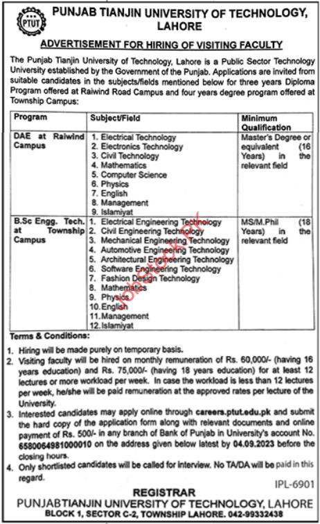Ptut University Lahore Jobs Ad 2023
