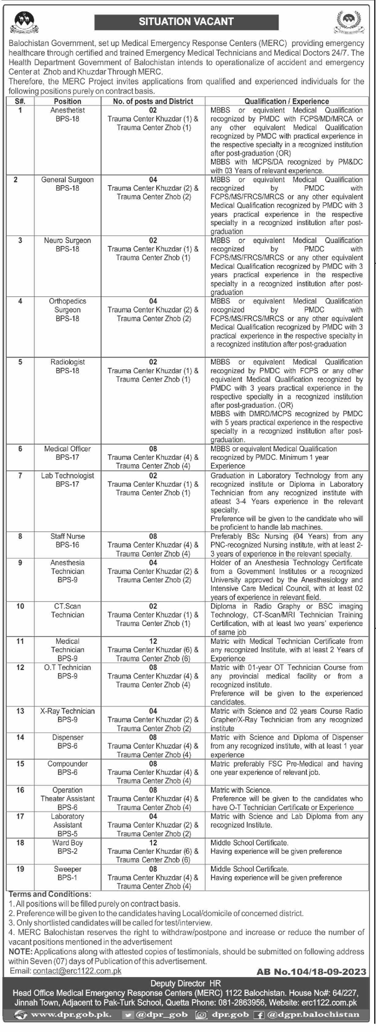 Medical Emergency Response Centers Jobs Ad 2023