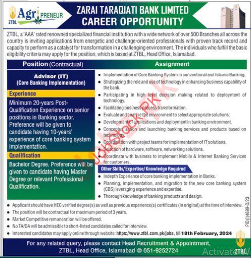 IT Advisor Jobs in Zarai Taraqiati Bank Limited ZTBL