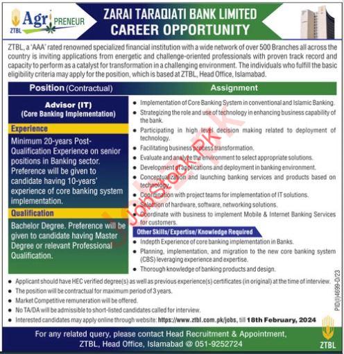 Advisor IT Jobs in ZTBL Zarai Taraqiati Bank Limited