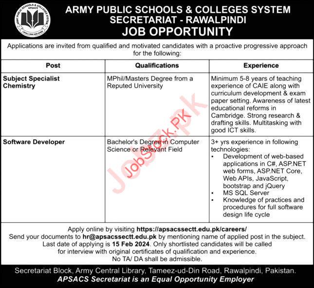 Army Public School & College System Rawalpindi Jobs 2024