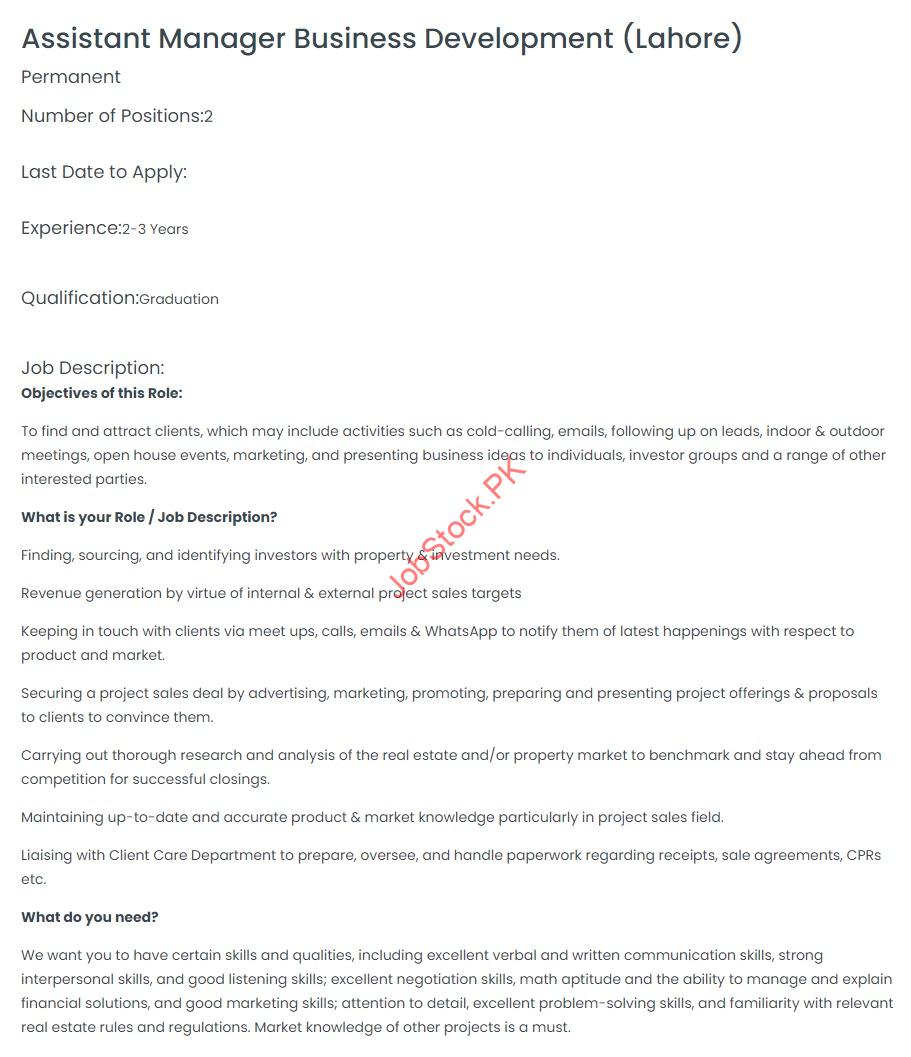 Assistant Manager job at Graana Real Estate Agency