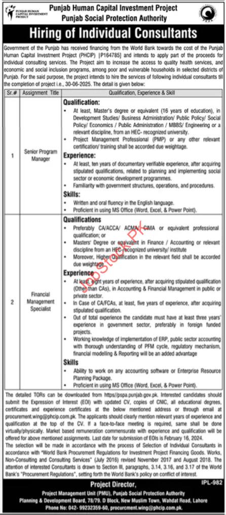 Consultant jobs at Punjab Social Protection Authority PSPA