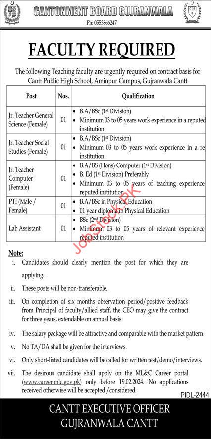 Faculty required at Cantt Public High School Gujranwala