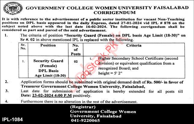 Government College Women University Faisalabad GCWUF Job