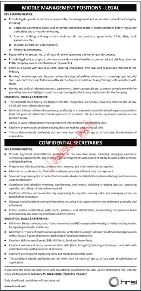 HRSI Middle Management Jobs 2024
